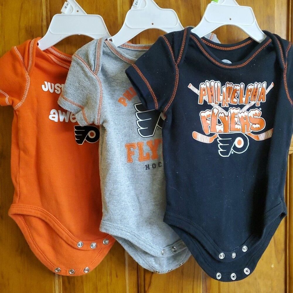 NHL 3/6M Philadelphia Flyers Bodysuit Set Baby Orange Grey Black Hockey Fan 3Pk